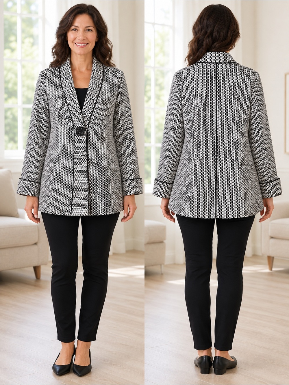 IC by Connie K Black White Geometric One Button Swing Jacket/Art to Wear/Size L